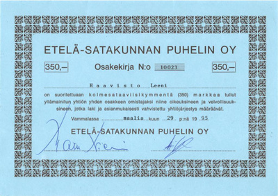 OKK 1995 Etelä-Satakunnan Puhelin Oy, Vammala osakekirja