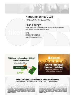 Himos Juhannus 2026 To 18.6.2026 - La 20.6 Lounge liput 2kpl