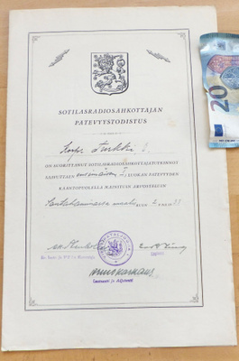 Pätevyystodistus Sotilasradiosähköttäjä 1935 Sotalentäjä