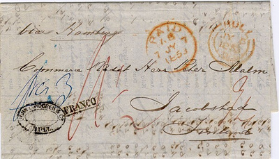 Englanti 1853 kirje "via Hamburg" Suomeen