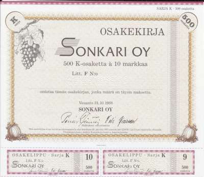 OKK 1988 Sonkari Oy spec , Vesanto osakekirja