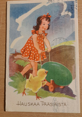 tyttö työntää munakärryjä, tipu, kulkenut 1946