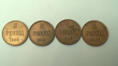 5 penniä vuosilta 1908-1917