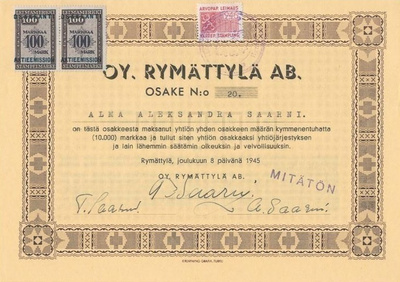OKK 1945 Rymättylä Oy, osakekirja