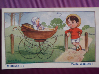 Donald McGill vauvalla tuttipullo, pojalla tupakka VANHA