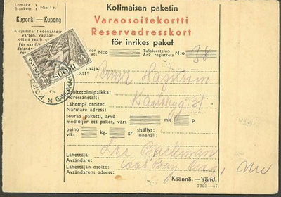 M30 1930 25mk puunhakkaaja ulk. paketin tullausmaksu