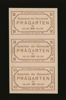Itävalta 10, 20, 50 Heller, Prägarten, leikkaamaton arkki