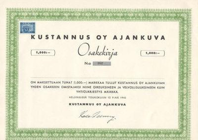 OKK 1943 Kustannus Oy Ajankuva bla, Helsinki osakekirja