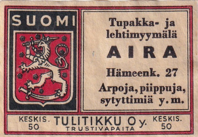 AIRA, Tupakka- ja lehtimyymälä, Hämeenk. 27 ,    6/2