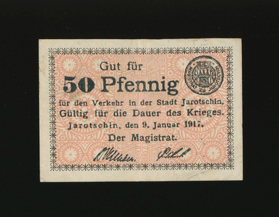Saksa Notgeld 50 Pfennig, Jarotschin 9.1.1917 F