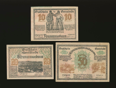 Itävalta Notgeld 10, 20, 50 Heller, Krummnussbaum