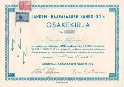 OKK 1941 Lahden-Haapasaaren Sähkö Oy, Rauma osakekirja