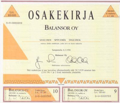 OKK 1990 Balansor Oy spec, 100 000 Tampere pörssi osakekirja