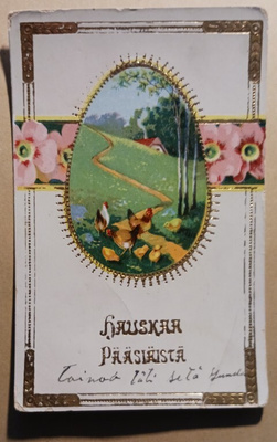 Munamaisemassa kanat ja tipuja, koristelu, kulk.