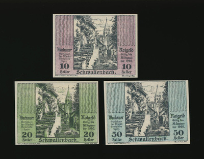 Itävalta Notgeld 10, 20, 50 Heller, Schwallenbach 1920