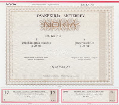 OKK 1987 Nokia Oy Helsinki pörssi spec osakekirja