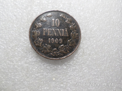 10 penniä 1909 tasaisesti painoitunut kulkematon raha,,