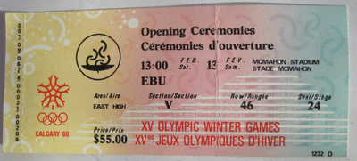 Pääsylippu Calgary Olympia 1988 Lehdistö Avaajaiset