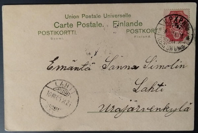 Postivaunun 8 (Tornio-Sjoki) leima UPU-kortilla 1905 Lahteen