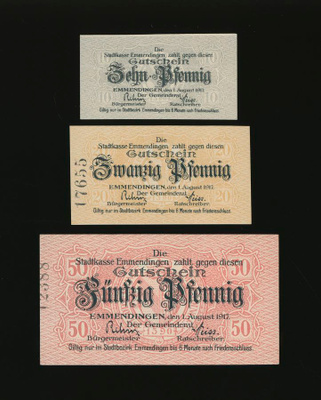 Saksa Notgeld 10, 20, 50 Pfg, Emmendingen 1.8.1917