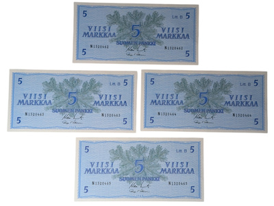 5 Markkaa 1963 Litt. B, peräkkäiset numerot
