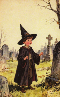 Halloween pieni noita hautausmaalla