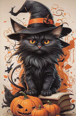 Halloween musta kissa tyylikäs noidanhattu päässä