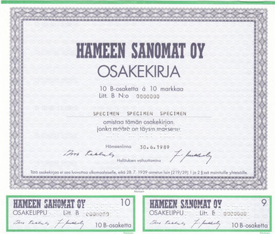 OKK 1989 Hämeen Sanomat Oy spec, Hämeenlinna osakekirja