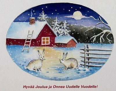 Kaksi pupua talvimaisemassa Joulukortti