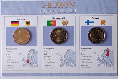 2€ euron erikois lyönnit monetan pahvissa