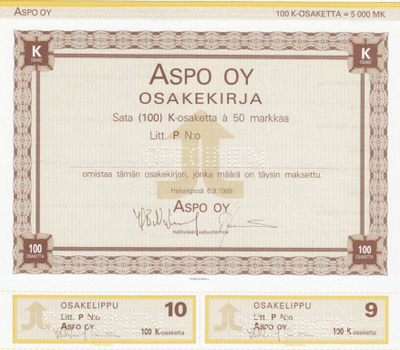 OKK 1989 Aspo Oy spec, Helsinki pörssi osakekirja