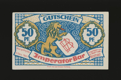 Saksa Notgeld 50 Pfennig Hamburg, Imperator Bar 1921