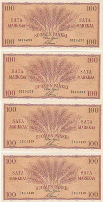 Suomi  100 mk 1957 4 kpl - O2114207-...10 peräkk. no:t  kl 9