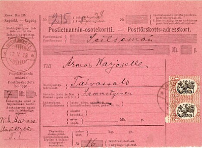 UUSIKIRKKO T.L. 1923 postiennakkokirje TAIVASSALOon