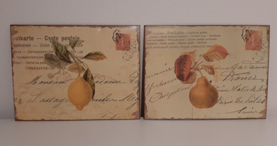 Peltitaulut vintage tyyli sitruuna päärynä postikortti