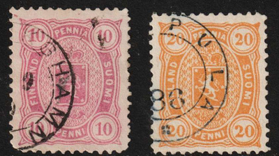 1885 10p-20p Vaakunamerkit leimattuna.