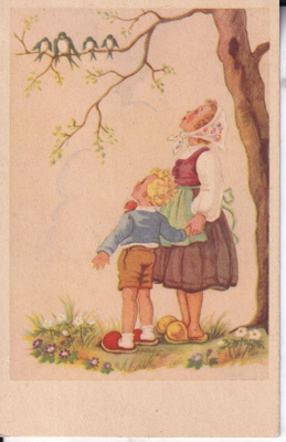 Lapset katselevat lintuja oksalla, e238