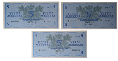 5 Markkaa 1963 Litt. B, peräkkäiset numerot