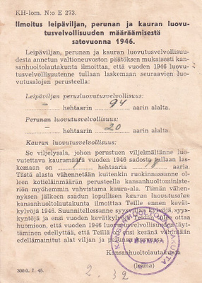 ILMOITUS LUVUTUKSISTA ELINTARVIKKEISTA 1946 VEHMAALLA+ KUORI