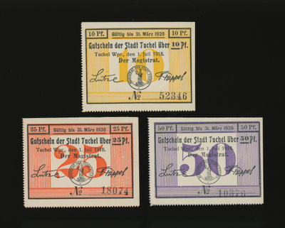 Saksa Notgeld 10, 25, 50 Pfg, Tuchel 1918