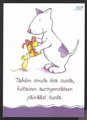 Koira antaa hiirelle lahjapaketin