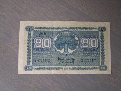 20 markkaa, mk 1945 Litt. B O6725172 kl. 8