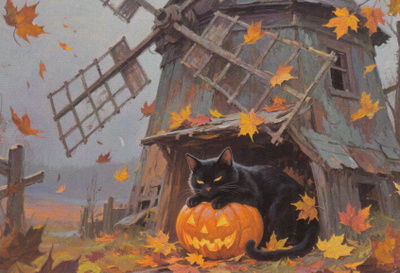 Halloween musta kissa ja tuulimylly