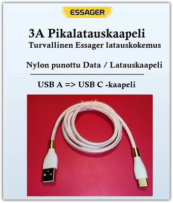 Uusi Essager USB A - USB C data/pikalatauskaapeli /1m #29125