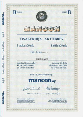 OKK 1985 Mancon Oy, Pori pörssi osakekirja
