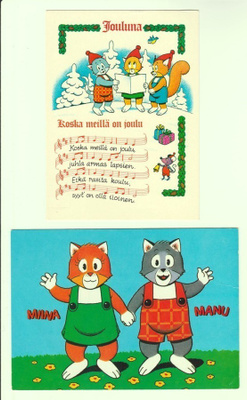 Kaksi vanhaa Miina ja Manu -postikorttia