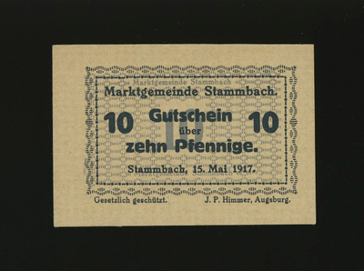Saksa Notgeld 10 Pfennig, Stammbach 15.5.1917