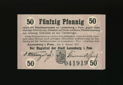 Saksa Notgeld 50 Pfennig, Lauenburg 9.1.1917