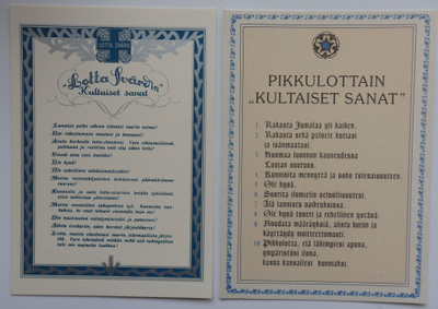 2 kpl Lotta Svärd - aiheisia postikortteja, Kultaiset sanat