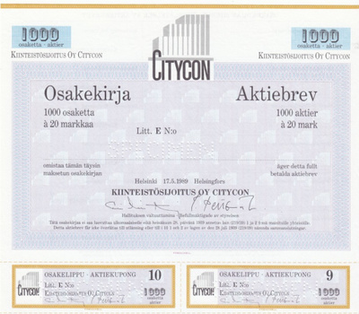OKK 1989 Citycon Oy spec, Helsinki pörssi osakekirja
